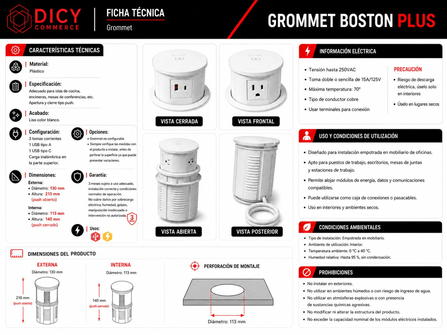 Grommet Boston Plus – Conexión Eléctrica y USB Compacta con Carga Inalámbrica