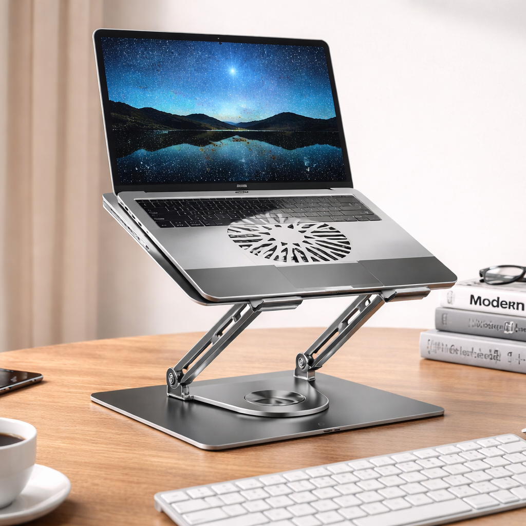 Soporte Plegable de Acero al Carbono y Aluminio de 10 a 17 Pulgadas con Función de Rotación, Soporte para Portátil con Ventilador de Refrigeración