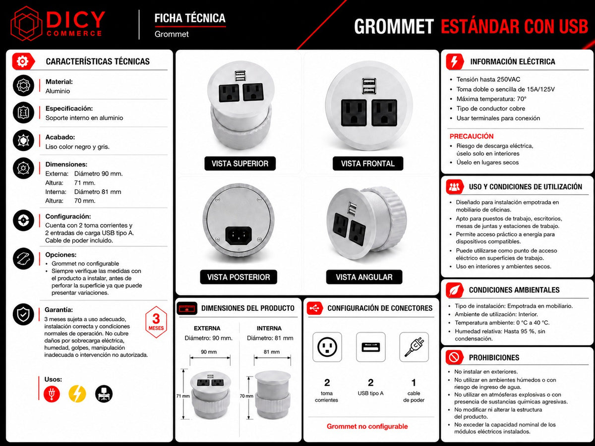Grommet estandar con USB para escritorio