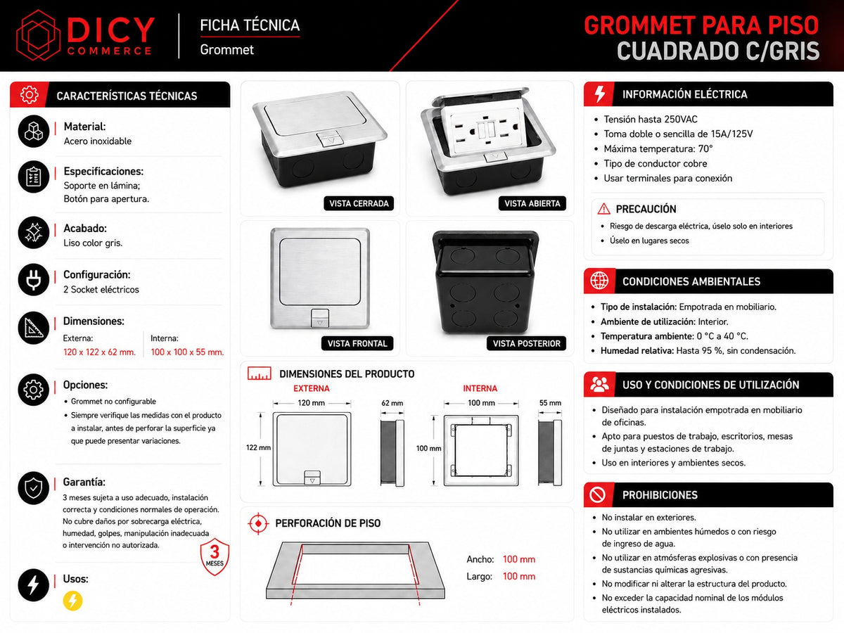 Grommet para piso cuadrado.